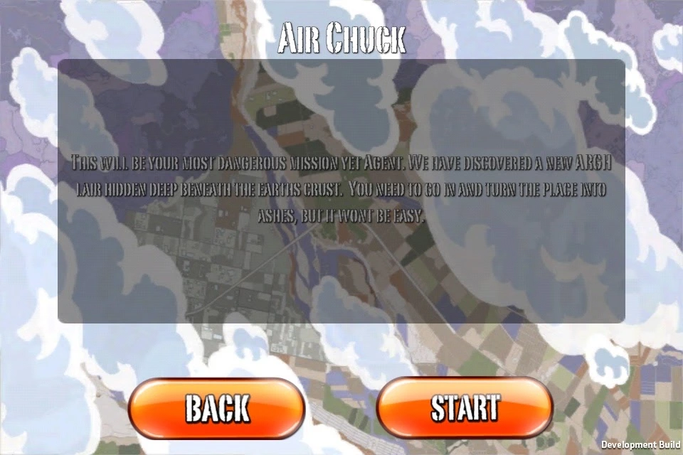 Action Dad Air Chuck mission briefing over a cloud-covered overhead map, with Back and Start buttons.