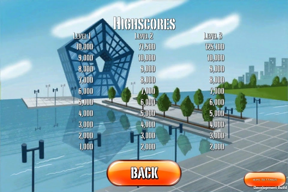 Action Dad development-build high-score screen showing three level columns over a stylized waterfront plaza.