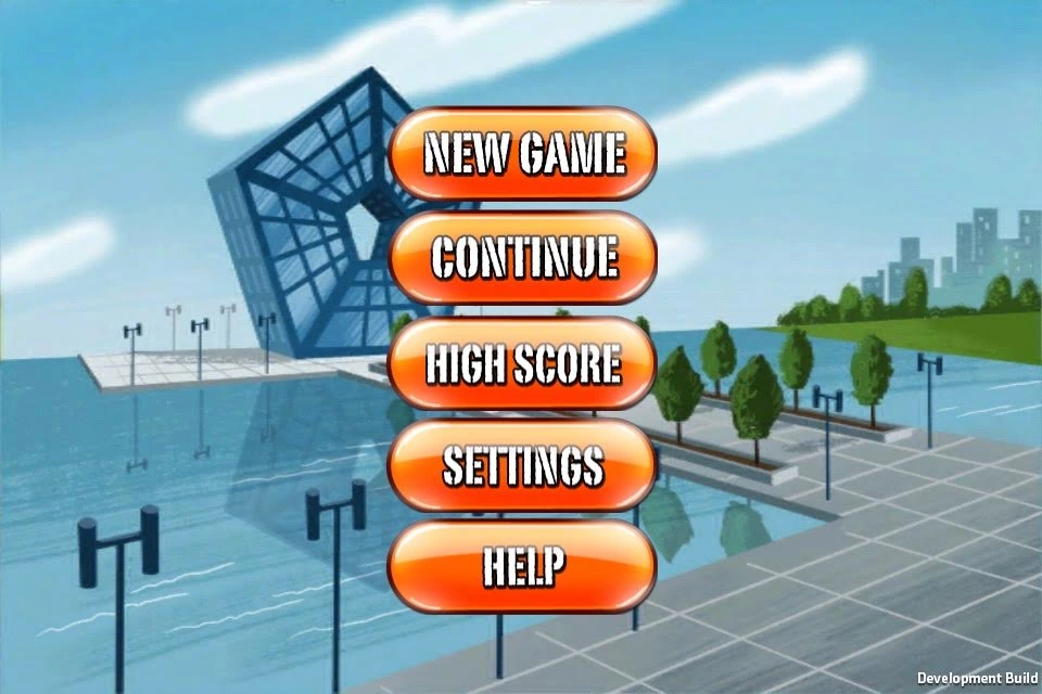 Action Dad main menu with New Game, Continue, High Score, Settings and Help buttons over a waterfront plaza.