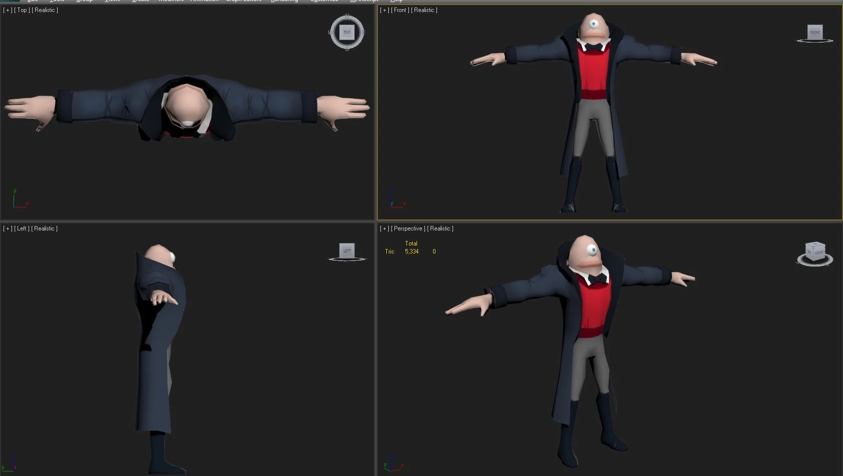 Four 3ds Max modeling views of a one-eyed Action Dad character in a long navy coat, red top and bow tie.