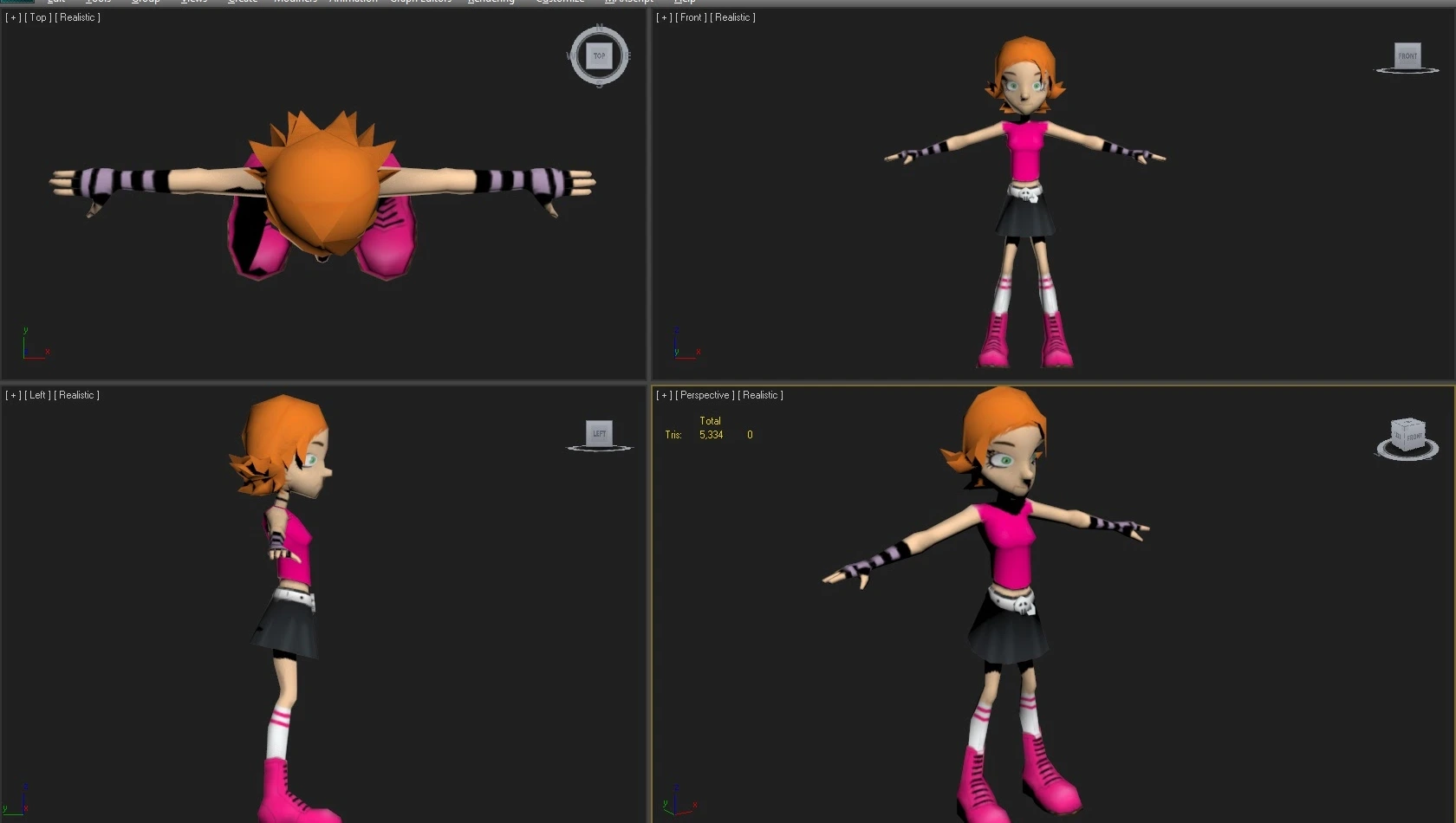 Four 3ds Max modeling views of an orange-haired Action Dad character with a pink top and boots, black skirt and striped arm warmers.