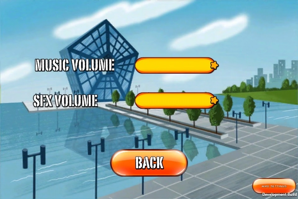 Action Dad music and sound-effects sliders with star-shaped handles, Back and Wipe Settings controls.