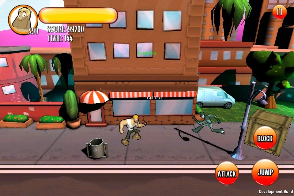 Action Dad outdoor street gameplay with a blond player facing an opponent and Block, Attack and Jump controls.