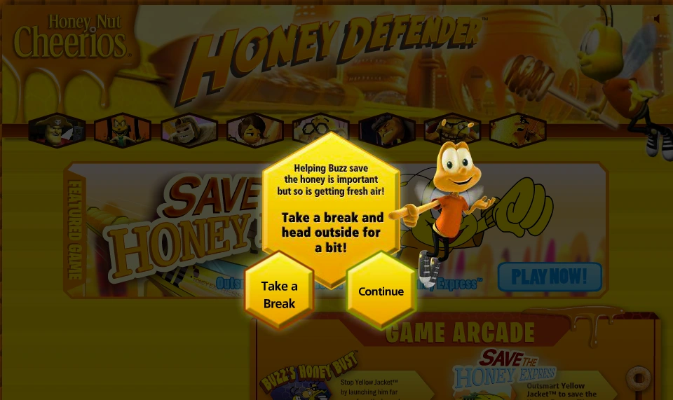 Honey Defender portal with a hexagonal break-reminder dialog encouraging fresh air, plus Take a Break and Continue controls.