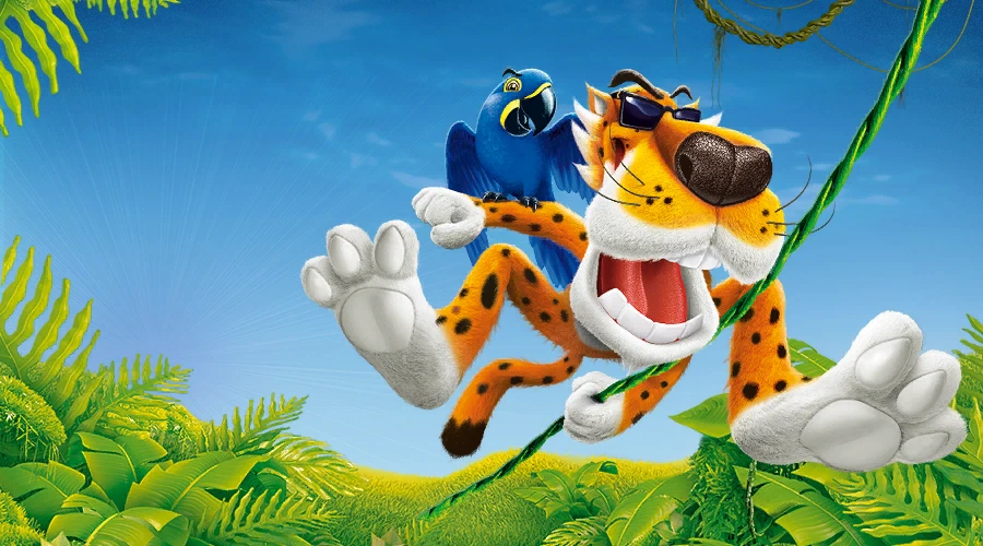 Cheetos Rainforest level artwork featuring Chester and a parrot against jungle foliage.