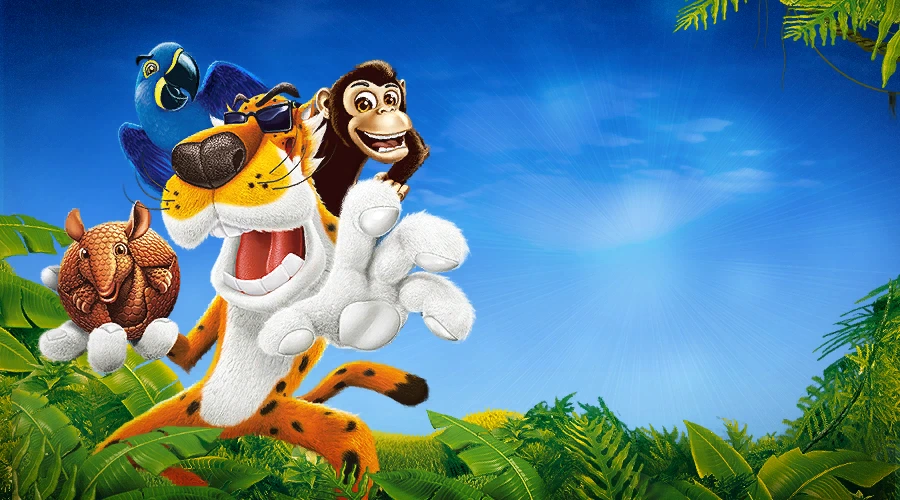 Cheetos Rainforest victory-screen artwork with Chester and animal companions.