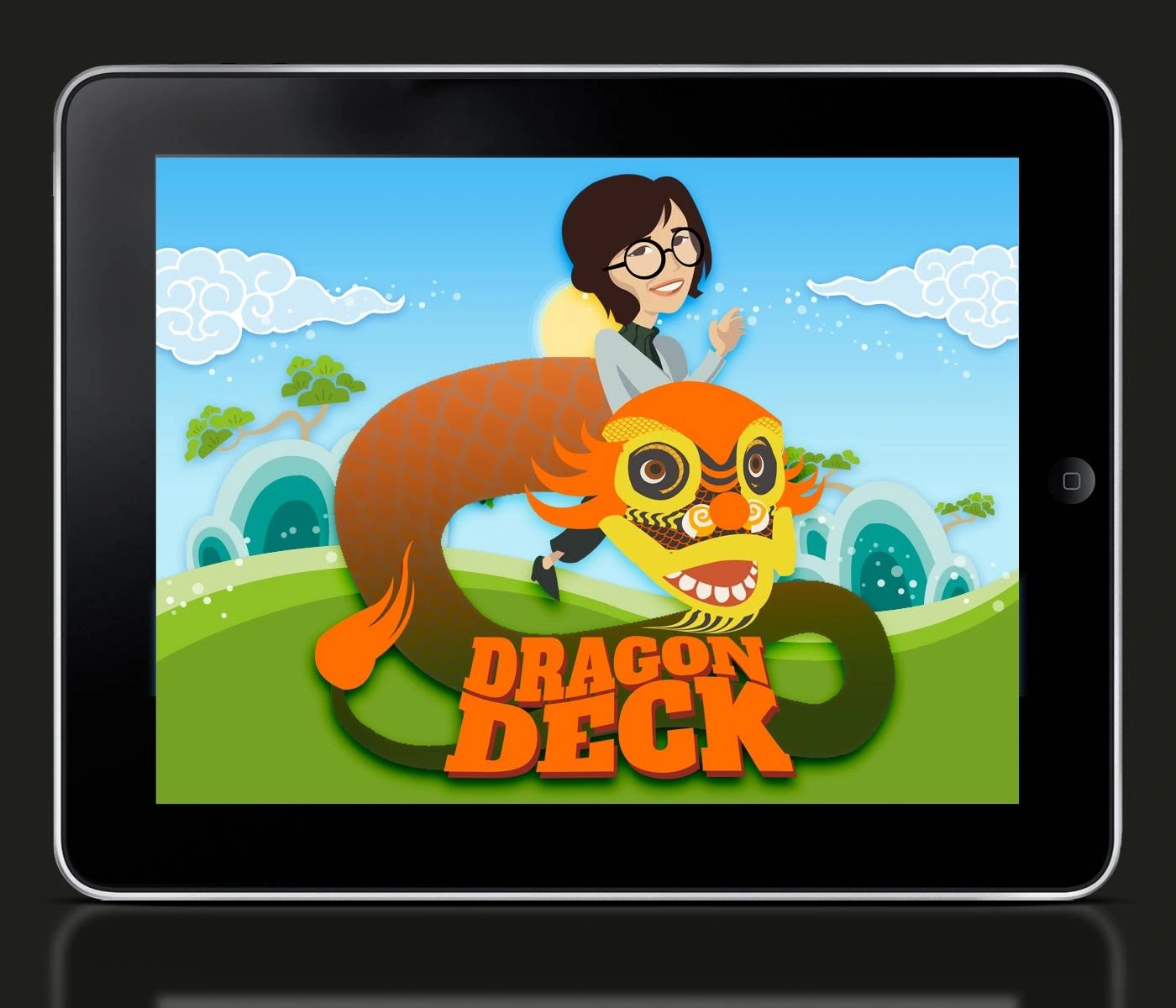 Landscape tablet showing Dragon Deck concept branding with a smiling cartoon rider on an orange and yellow dragon above green hills.