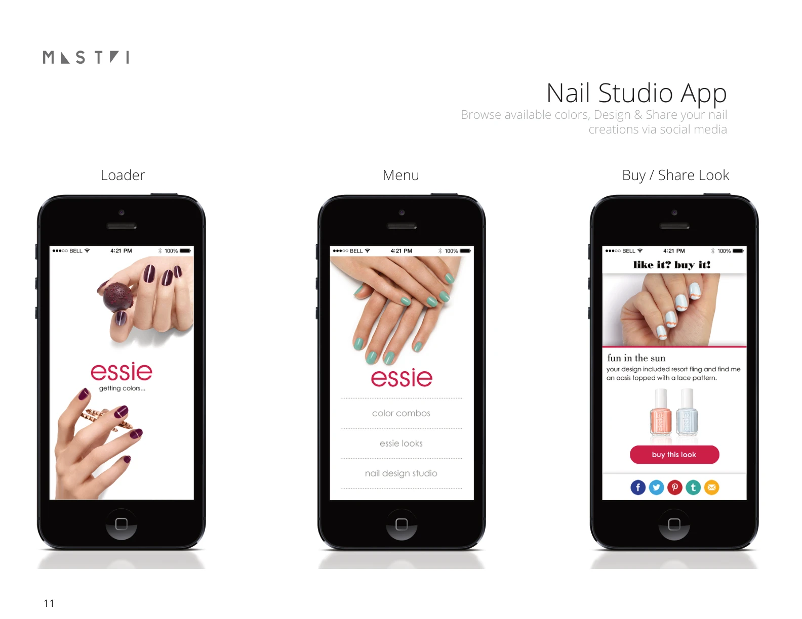 Essie Nail Studio app concept screens showing browsing, buying and sharing nail looks.