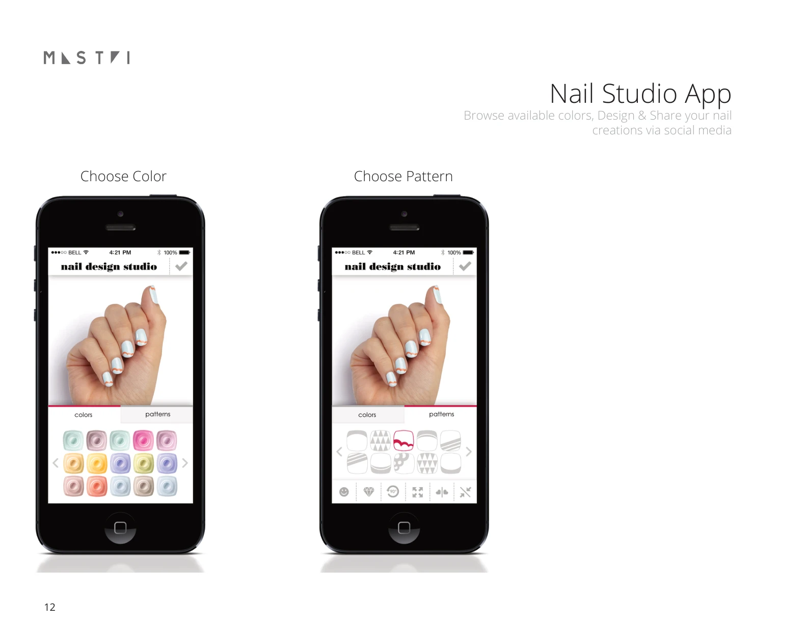Essie mobile app concept screens for choosing nail colors and patterns.
