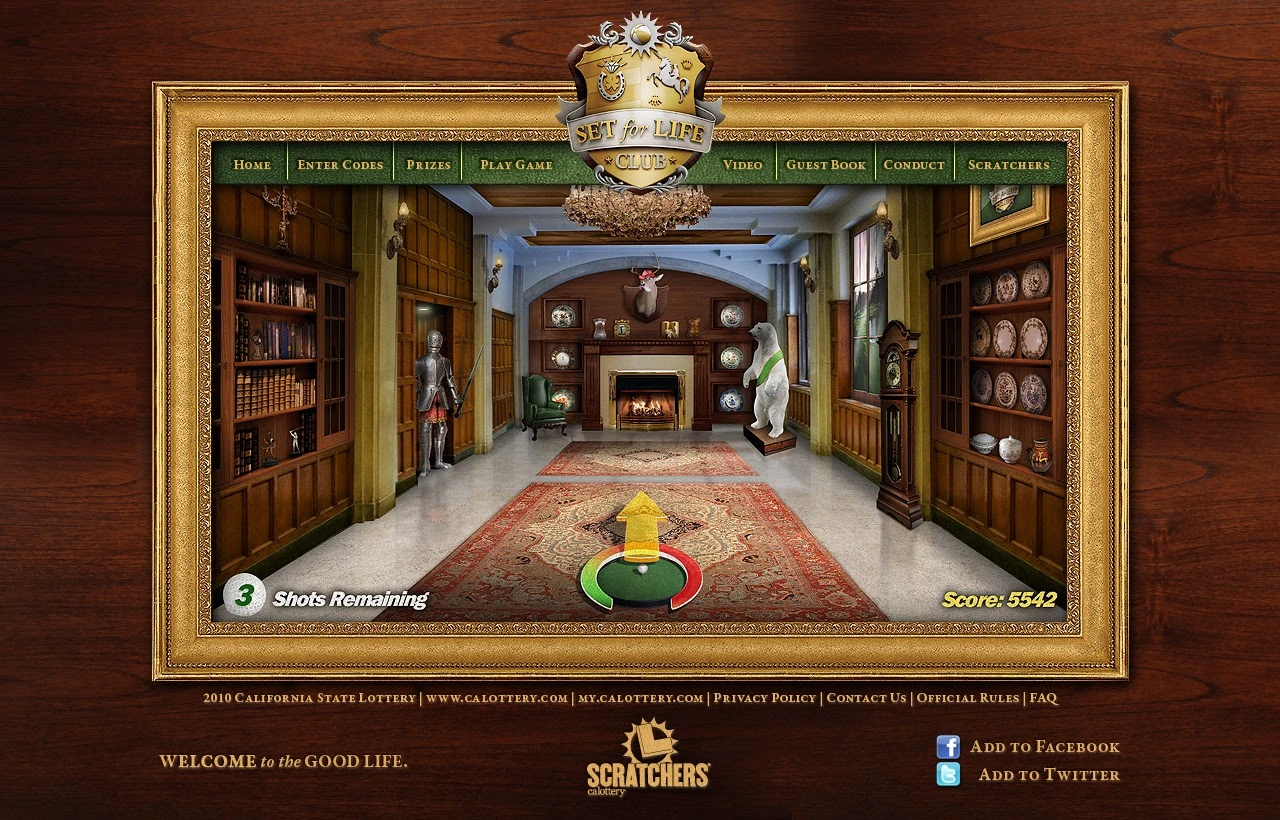 California Lottery Set For Life Club campaign website containing the indoor golf game and branded navigation.