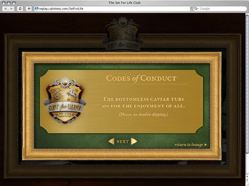 Set For Life: Codes of Conduct screen with the campaign’s humorous caviar rule.