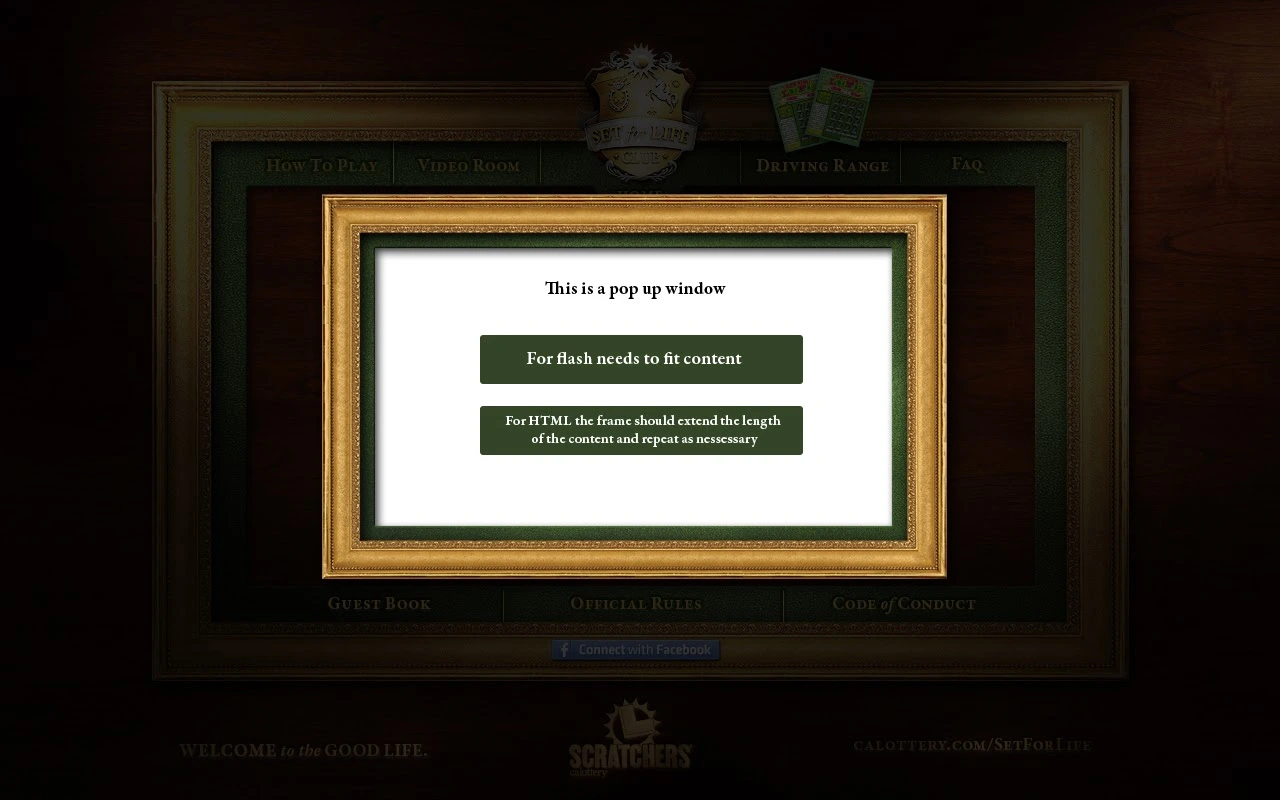 Set For Life generic popup modal mockup with an ornate gold frame, dimmed campaign page and placeholder Flash and HTML sizing notes.