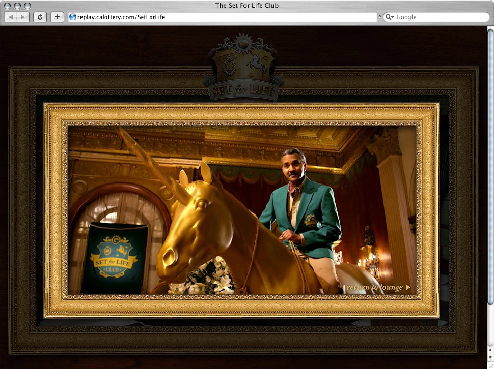 Set For Life: Campaign scene with the club host seated on a golden unicorn and a return-to-lounge link.