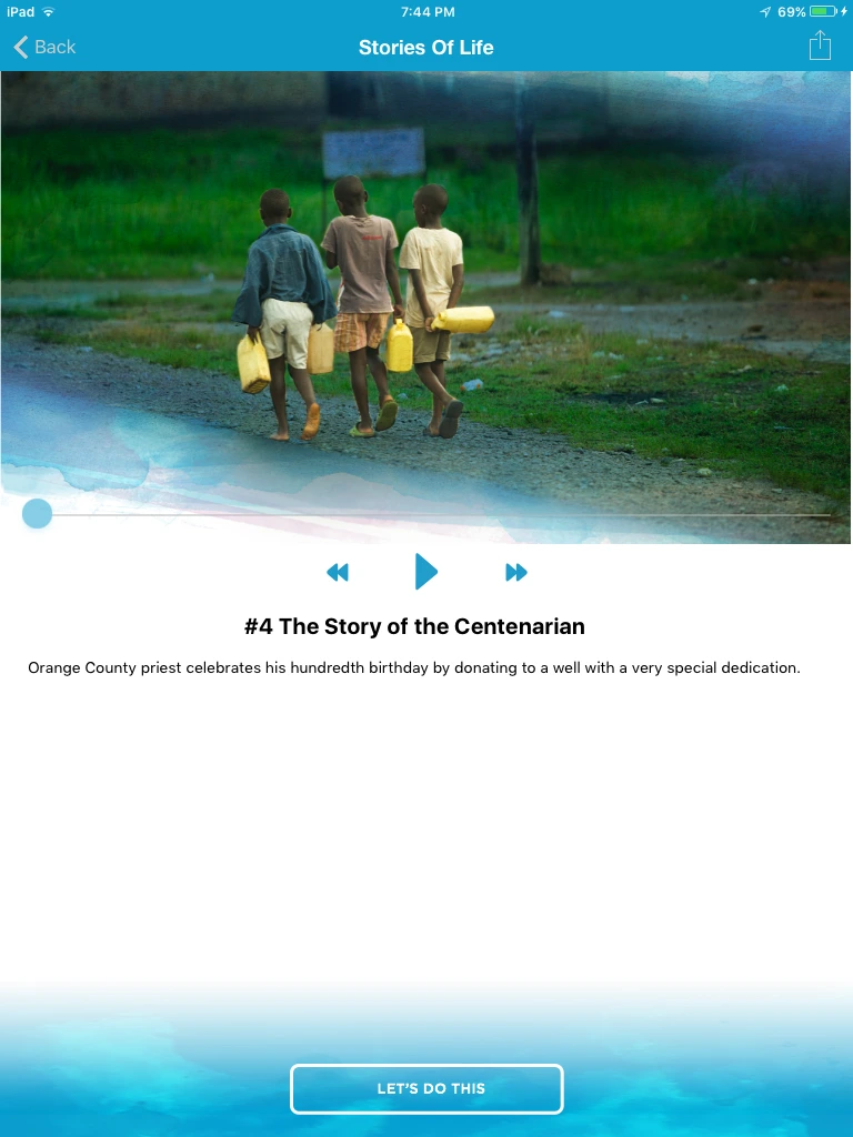 Stories of Life podcast episode screen with water-carrying children photographed from behind, audio controls and a charitable well-donation story.