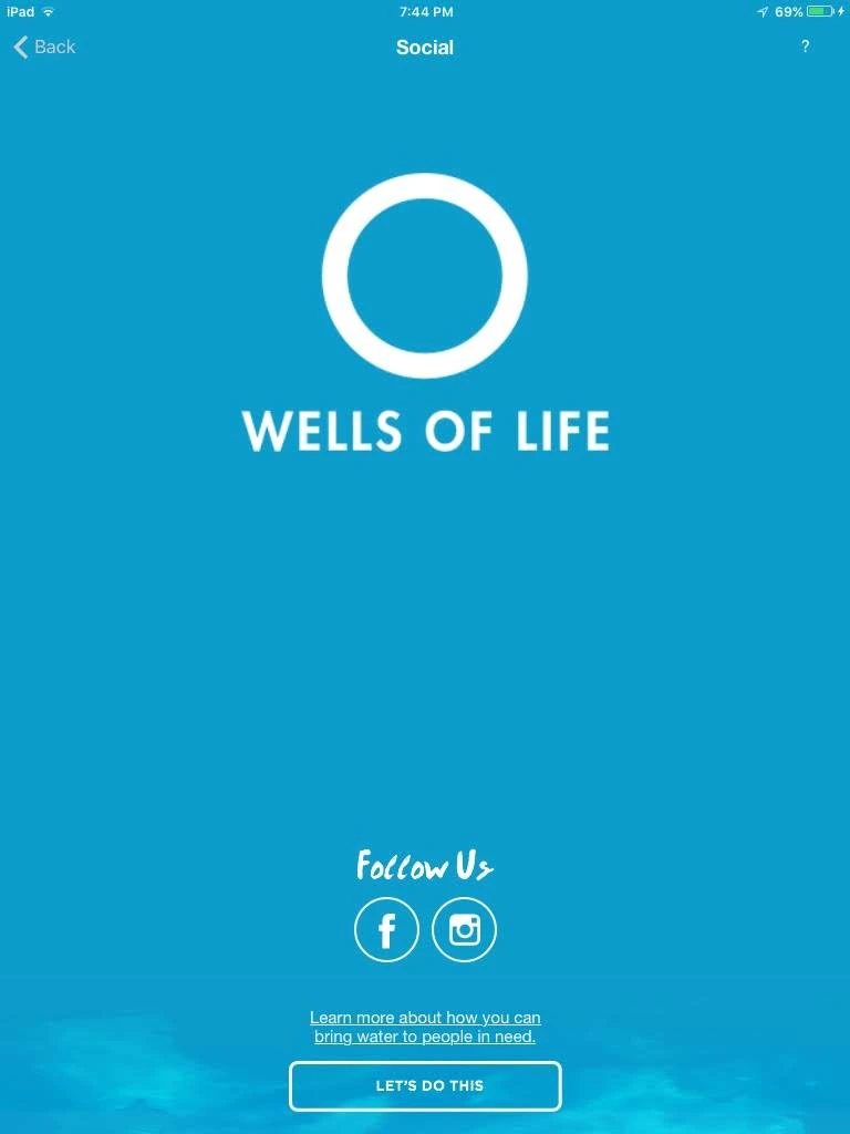 Wells of Life Social screen with Facebook and Instagram links and a call to help bring water to people in need.